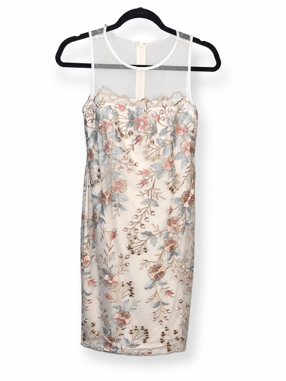 Adrianna Papell Cream Midi Dress with Blush and Light Blue Floral Embroidery